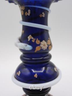 Antique Harrach Cobalt Blue Opaline Hand Painted Floral Art Glass Vase with Snakes