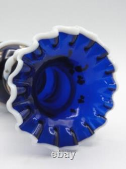 Antique Harrach Cobalt Blue Opaline Hand Painted Floral Art Glass Vase with Snakes