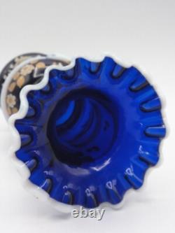 Antique Harrach Cobalt Blue Opaline Hand Painted Floral Art Glass Vase with Snakes