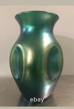 Antique Kralik Teal eggshell silberiris Dimpled Vase 9 Rare color XL