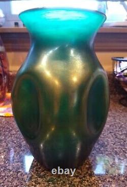 Antique Kralik Teal eggshell silberiris Dimpled Vase 9 Rare color XL