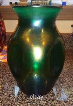 Antique Kralik Teal eggshell silberiris Dimpled Vase 9 Rare color XL