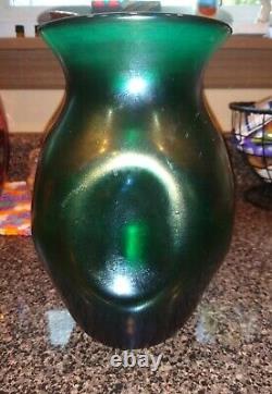 Antique Kralik Teal eggshell silberiris Dimpled Vase 9 Rare color XL