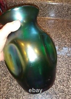 Antique Kralik Teal eggshell silberiris Dimpled Vase 9 Rare color XL