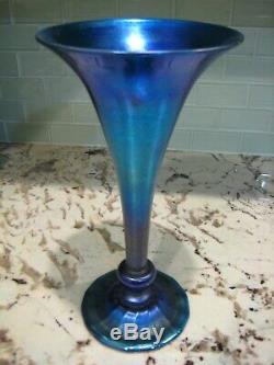 Antique L. C. T. Tiffany Blue Favrile Iridescent Art Glass Trumpet Vase