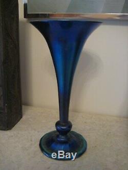 Antique L. C. T. Tiffany Blue Favrile Iridescent Art Glass Trumpet Vase