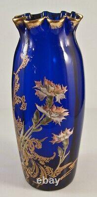 Antique Legras Enamelled Glass Vase With Thistles Art Nouveau Midnight Blue 19th