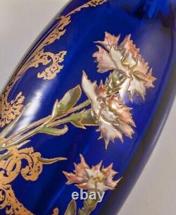 Antique Legras Enamelled Glass Vase With Thistles Art Nouveau Midnight Blue 19th