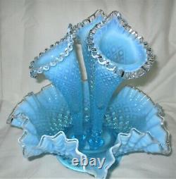 Antique Lg. Fenton USA Sea Blue Hobnail Opalescent Art Glass Flower Epergne Vase