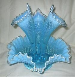 Antique Lg. Fenton USA Sea Blue Hobnail Opalescent Art Glass Flower Epergne Vase