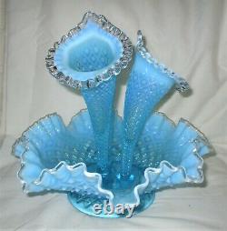 Antique Lg. Fenton USA Sea Blue Hobnail Opalescent Art Glass Flower Epergne Vase
