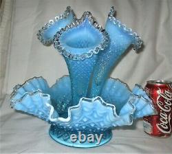 Antique Lg. Fenton USA Sea Blue Hobnail Opalescent Art Glass Flower Epergne Vase