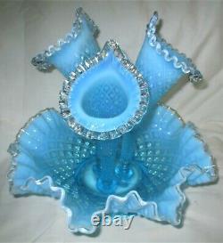 Antique Lg. Fenton USA Sea Blue Hobnail Opalescent Art Glass Flower Epergne Vase