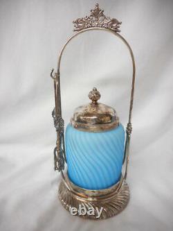 Antique Light Blue Satin Glass Swirl Pattern Victorian Pickle Castor