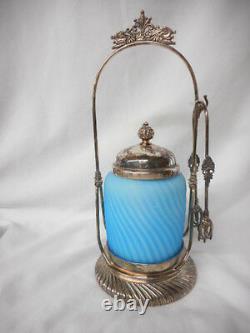 Antique Light Blue Satin Glass Swirl Pattern Victorian Pickle Castor