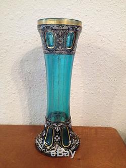 Antique Likely Bohemian Czech Blue & Purple Glass Vase Gold & Floral Decoration