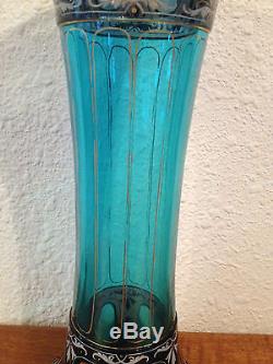 Antique Likely Bohemian Czech Blue & Purple Glass Vase Gold & Floral Decoration