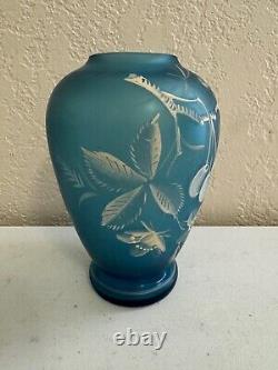 Antique Manner of Thomas Webb Blue Cameo Glass Vase with Flowers Fruit & Insect