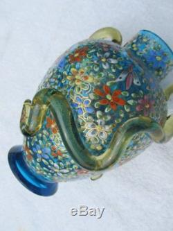 Antique Moser Blue Czech Glass Gold Enameled Flowers Butterfly Insects Vase