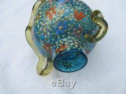 Antique Moser Blue Czech Glass Gold Enameled Flowers Butterfly Insects Vase