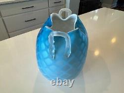 Antique Mt Washington Blue Pairpoint Quilted Satin Mother of Pearl Glass Vase