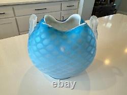 Antique Mt Washington Blue Pairpoint Quilted Satin Mother of Pearl Glass Vase