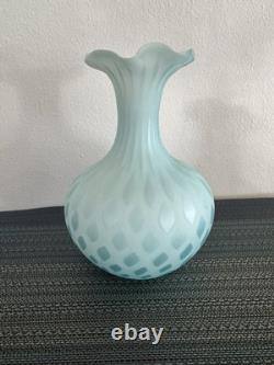 Antique Mt Washington Cased Blue Diamond Quilted Satin Glass Vase 7.25 Tall