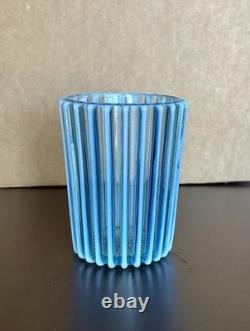 Antique Opalescence Blue Ribbed Glass Vase, A. J. Beatty Co. Excellent Condition