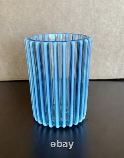 Antique Opalescence Blue Ribbed Glass Vase, A. J. Beatty Co. Excellent Condition