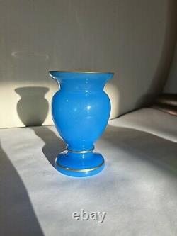 Antique Opaline & Gilt Decorated Blue Cabinet Vase! 5.125