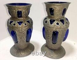 Antique Ornate Brass Hand-Carved on Blue Glass Pair Luxury Decorative Old Vases