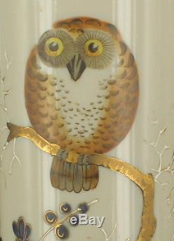 Antique Owl Bird Scene Custard Art Glass HP Cylinder Vase Pr 11 Mt. Washington