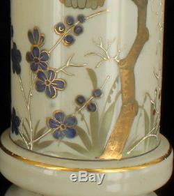 Antique Owl Bird Scene Custard Art Glass HP Cylinder Vase Pr 11 Mt. Washington
