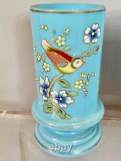 Antique Pair Bristol Glass Robin Egg Blue Vase Raised Floral Birds Enamel 5