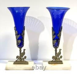 Antique Pair Cobalt Blue Glass Trumpet Vases