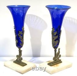 Antique Pair Cobalt Blue Glass Trumpet Vases
