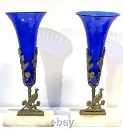 Antique Pair Cobalt Blue Glass Trumpet Vases