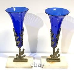 Antique Pair Cobalt Blue Glass Trumpet Vases