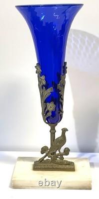Antique Pair Cobalt Blue Glass Trumpet Vases