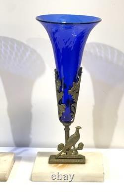 Antique Pair Cobalt Blue Glass Trumpet Vases