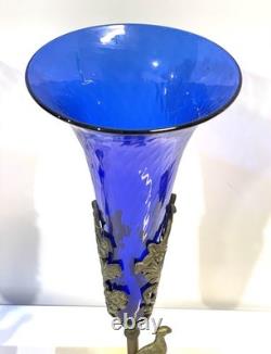 Antique Pair Cobalt Blue Glass Trumpet Vases