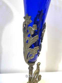 Antique Pair Cobalt Blue Glass Trumpet Vases