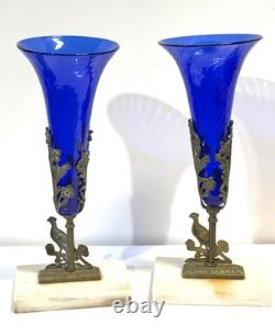 Antique Pair Cobalt Blue Glass Trumpet Vases