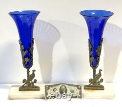 Antique Pair Cobalt Blue Glass Trumpet Vases