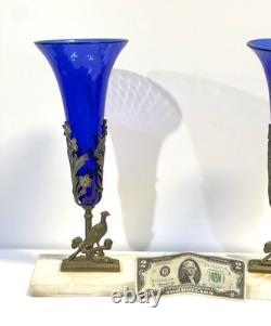 Antique Pair Cobalt Blue Glass Trumpet Vases