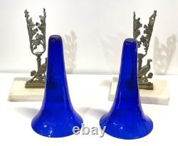 Antique Pair Cobalt Blue Glass Trumpet Vases