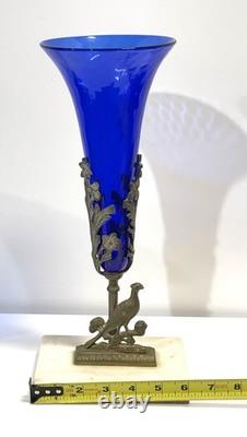 Antique Pair Cobalt Blue Glass Trumpet Vases