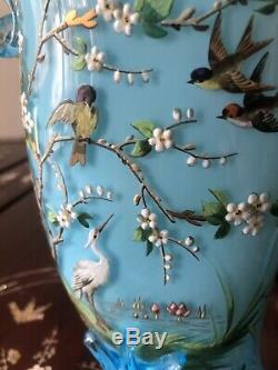 Antique Pair Hand Blown Blue French Opaline Vases W Superb Enamel Detail Moser
