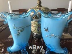 Antique Pair Hand Blown Blue French Opaline Vases W Superb Enamel Detail Moser