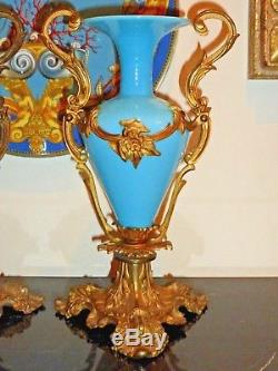 Antique Pair Of French Ormolu Blue Opaline Glass Vase